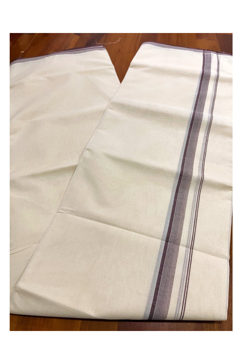 Pure Cotton 100x100 Double Mundu with Brown Line Border (South Indian Kerala Dhoti)