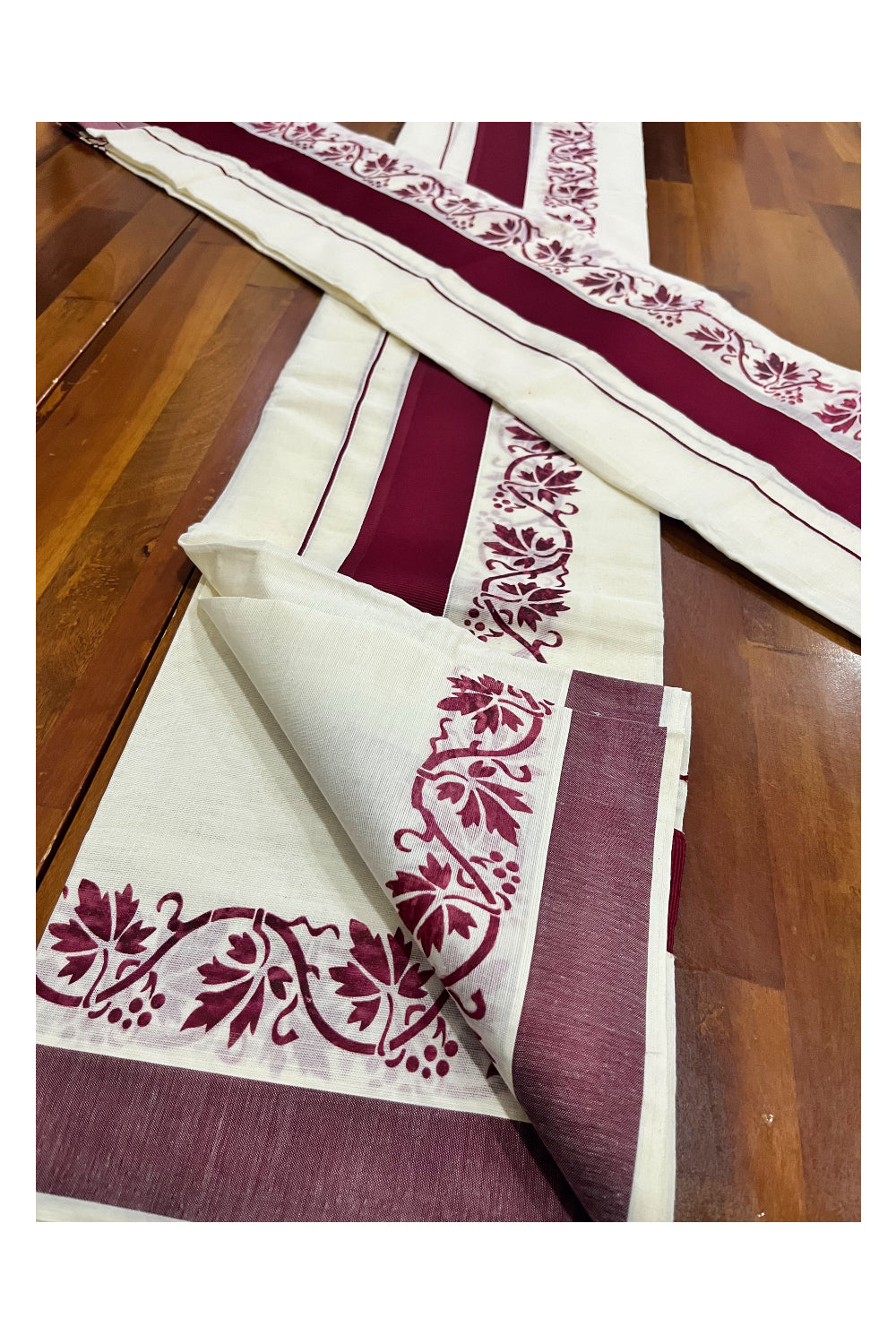 Kerala Pure Cotton Set Mundu Single (Mundum Neriyathum) with Maroon Floral Block Prints