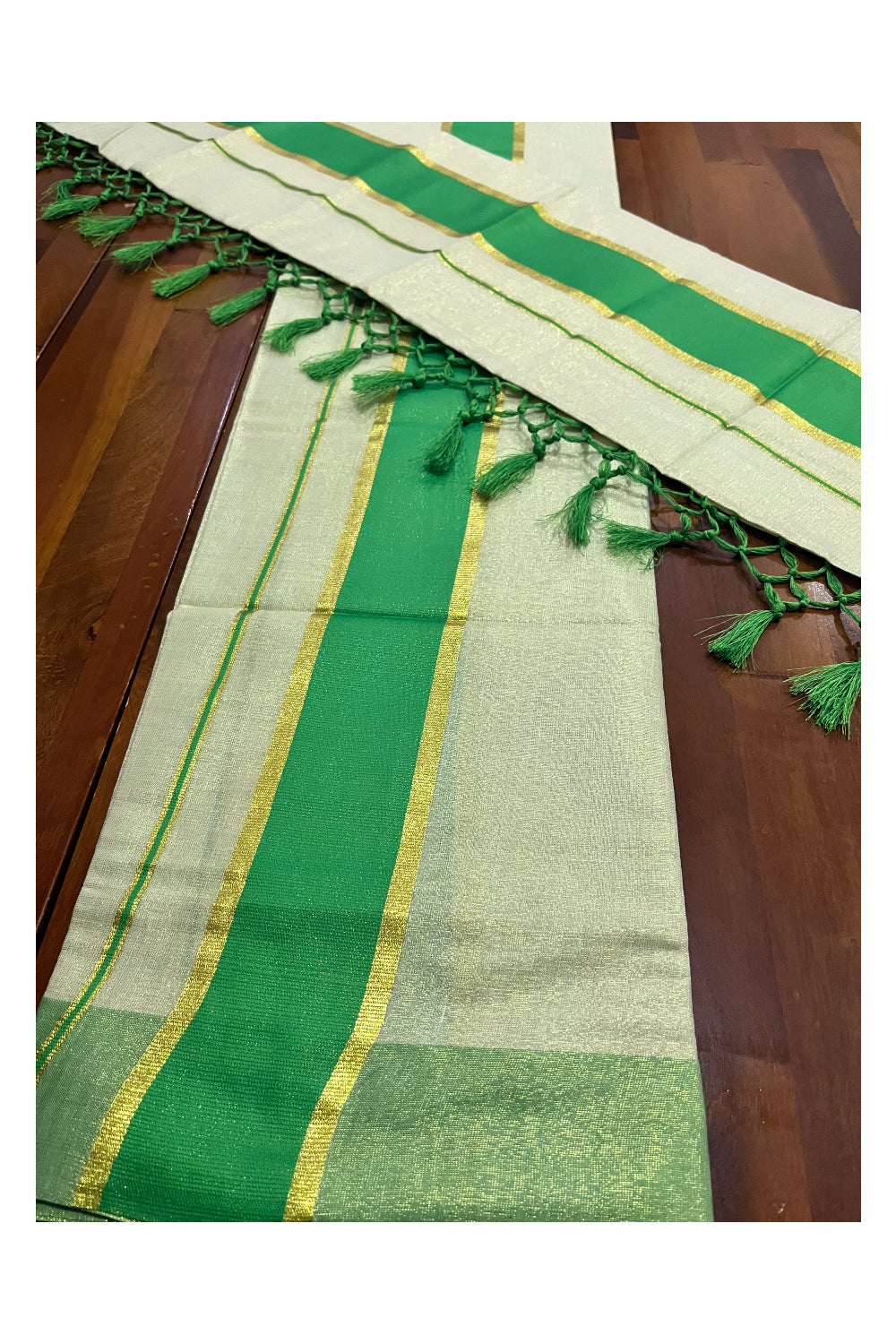 Kerala Tissue Kasavu Set Mundu (Mundum Neriyathum) with Light Green Kara and Tassels on Pallu 2.80 Mtrs