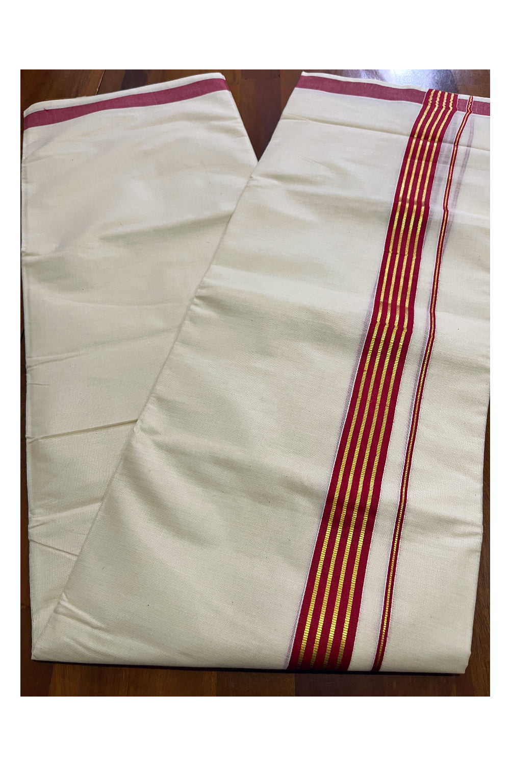 Off White Kerala Cotton Double Mundu with Kasavu and Maroon Border (South Indian Kerala Dhoti)