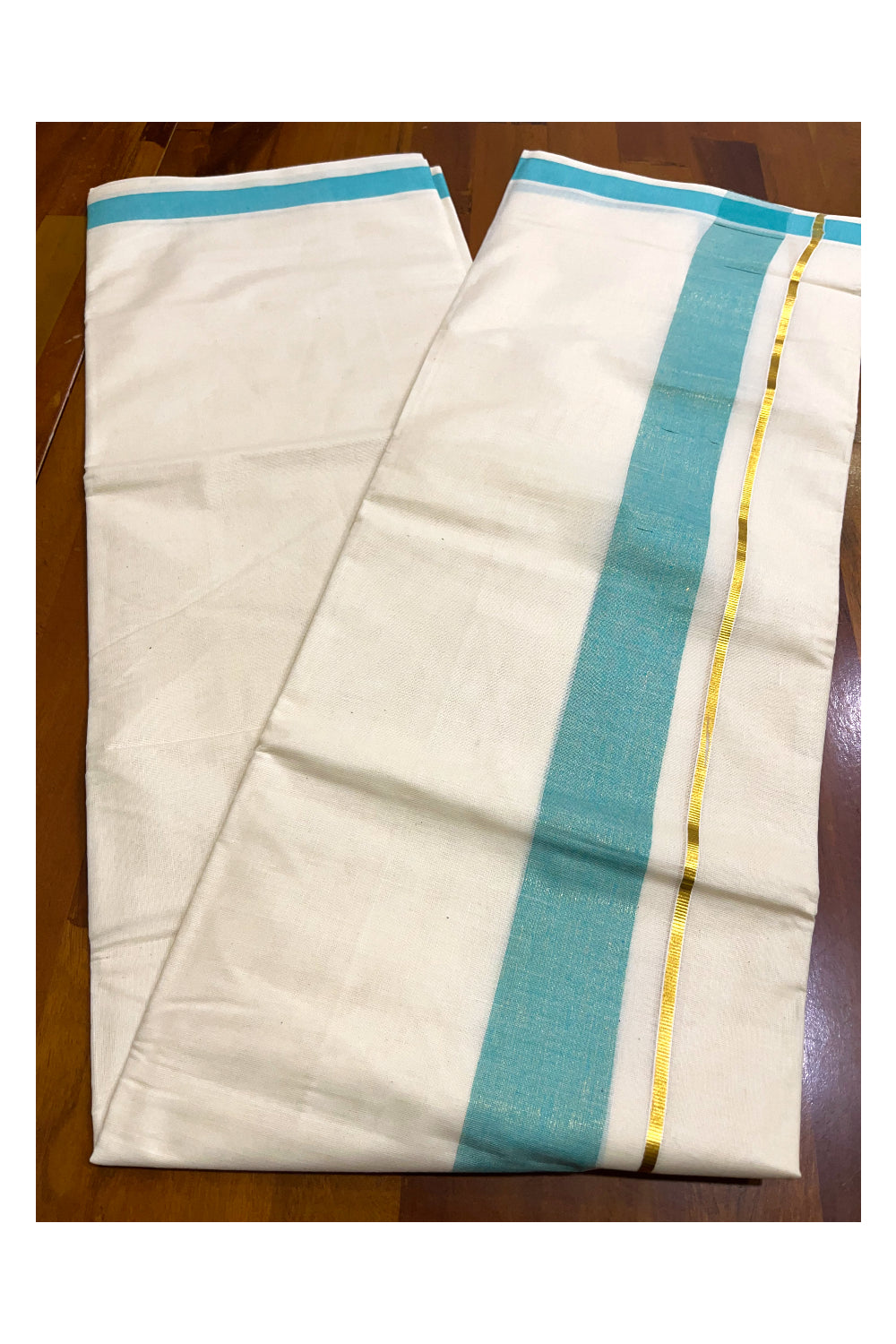 Kerala Pure Cotton Double Mundu with Turquoise Kasavu Border (South Indian Kerala Dhoti)