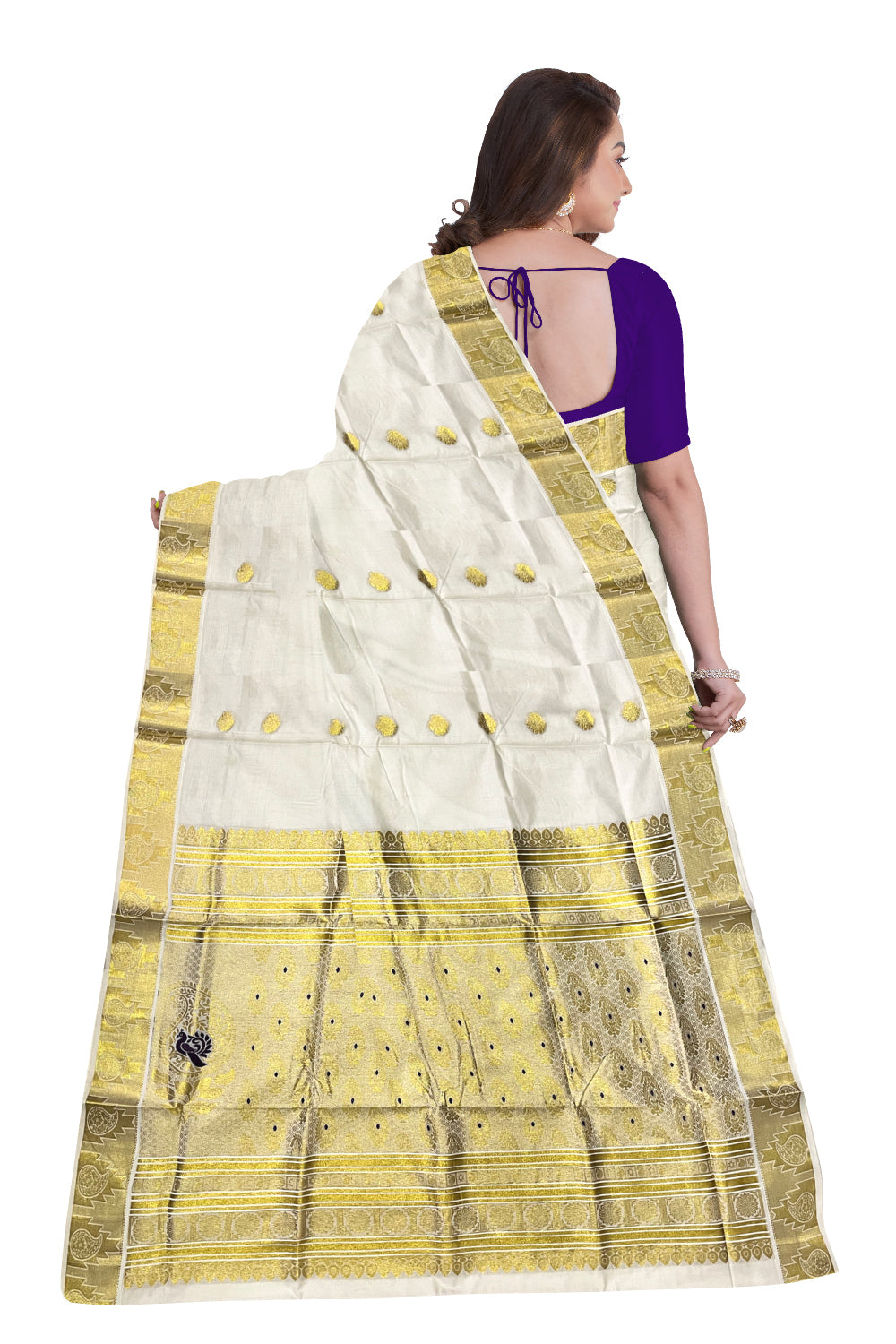 Kerala Pure Cotton Heavy Woven Work Kasavu Saree with Violet Peacock Works