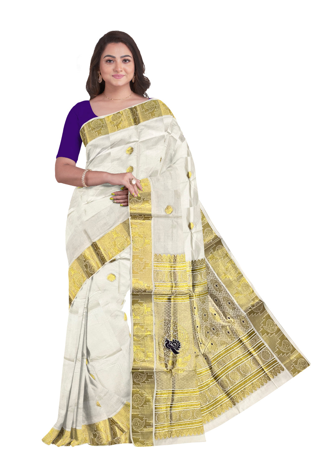 Kerala Pure Cotton Heavy Woven Work Kasavu Saree with Violet Peacock Works