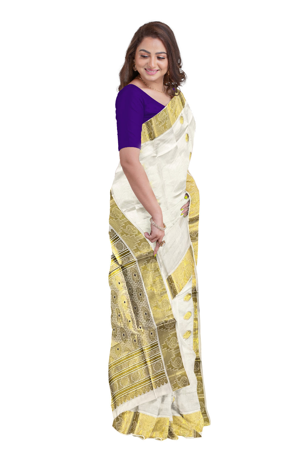 Kerala Pure Cotton Heavy Woven Work Kasavu Saree with Violet Peacock Works