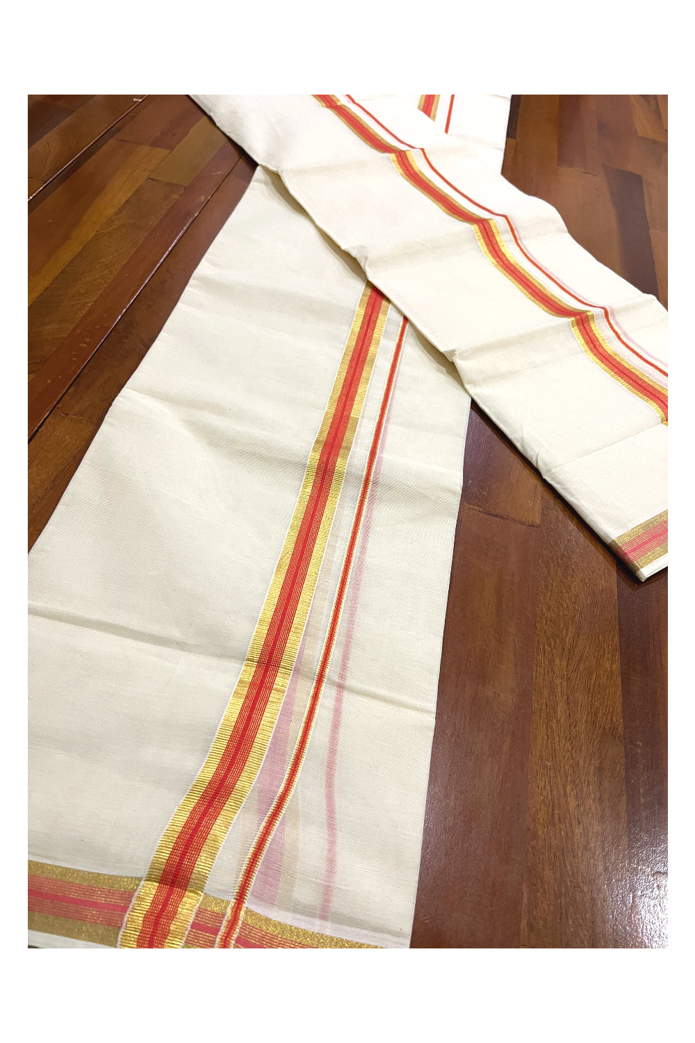 Pure Cotton Kerala Single Set Mundu (Mundum Neriyathum) with Orange and Kasavu Border 2.80 Mtrs