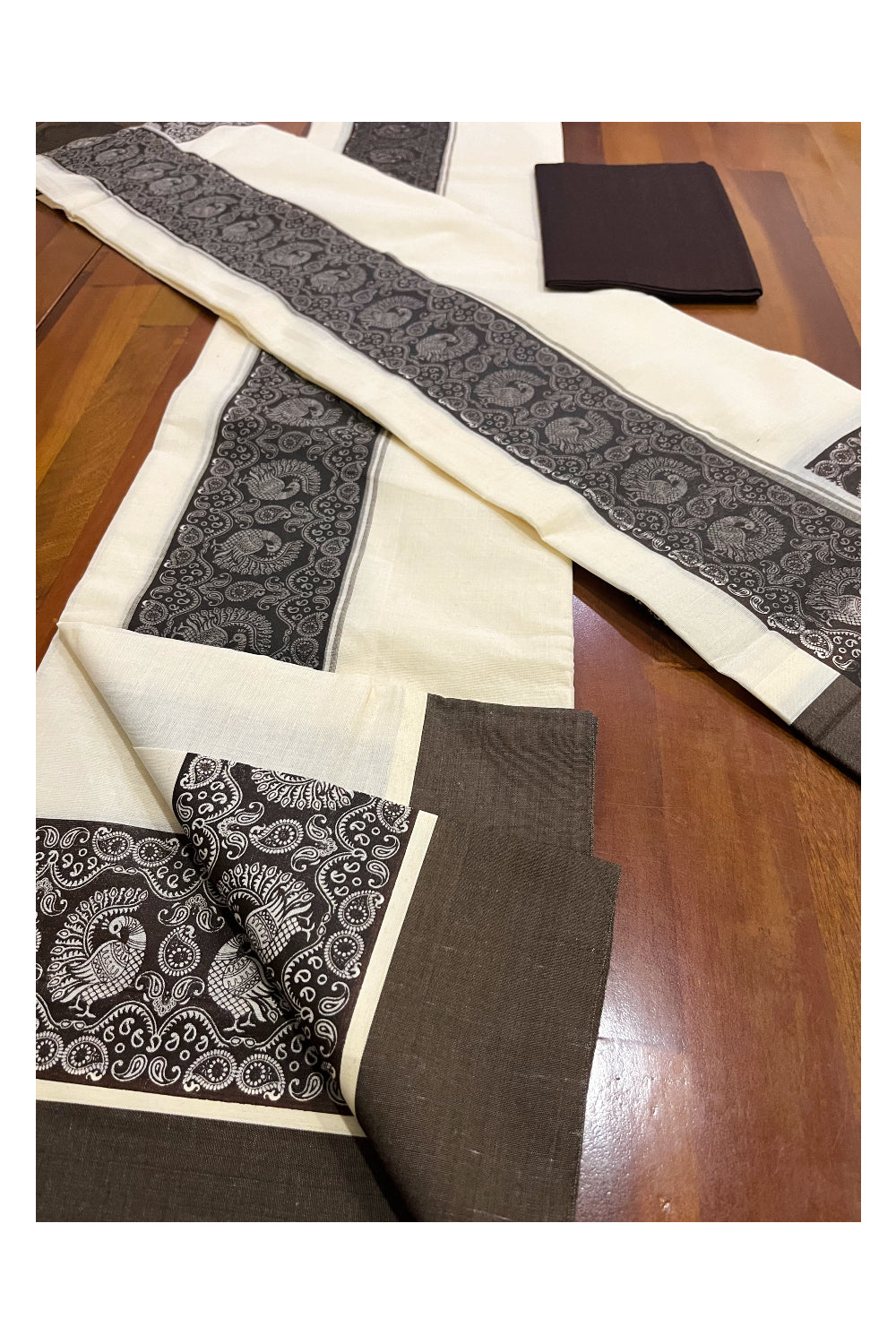 Pure Cotton Kerala Single Set Mundu (Mundum Neriyathum) with Block Printed Border and Dark Brown Blouse Piece