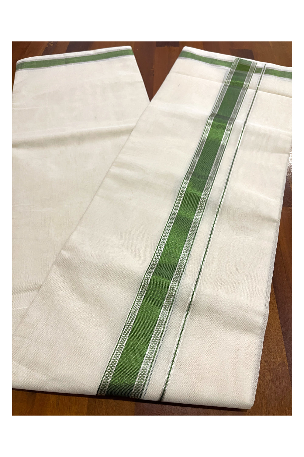 Southloom Premium Handloom Cotton Double Mundu with Silver and Green Kasavu Design Border (South Indian Kerala Dhoti)