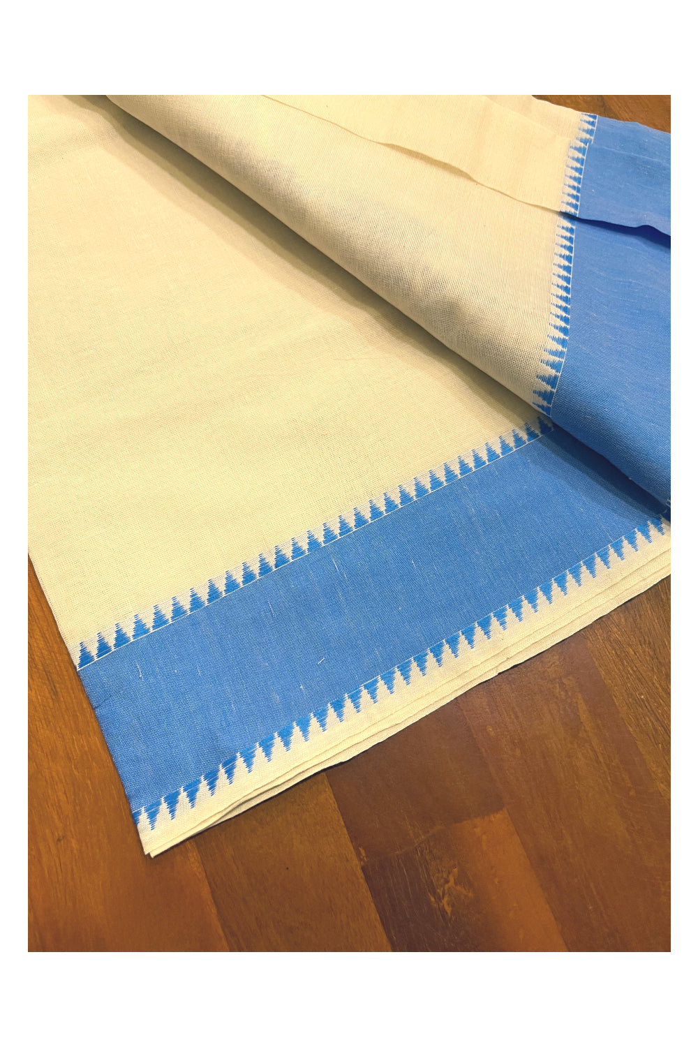 Kerala Cotton Single Set Mundu (Mundum Neriyathum) with Sky Blue Woven Designs on Border - 2.80Mtrs