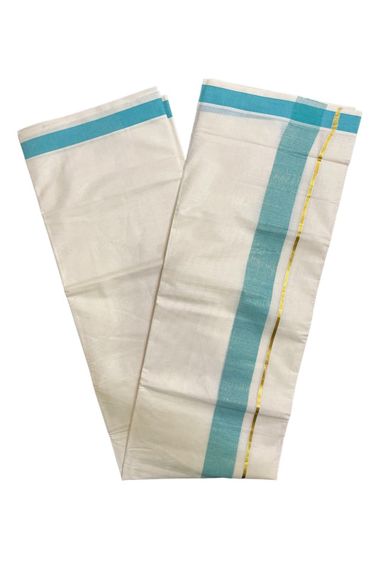 Kerala Pure Cotton Double Mundu with Turquoise Kasavu Border (South Indian Kerala Dhoti)