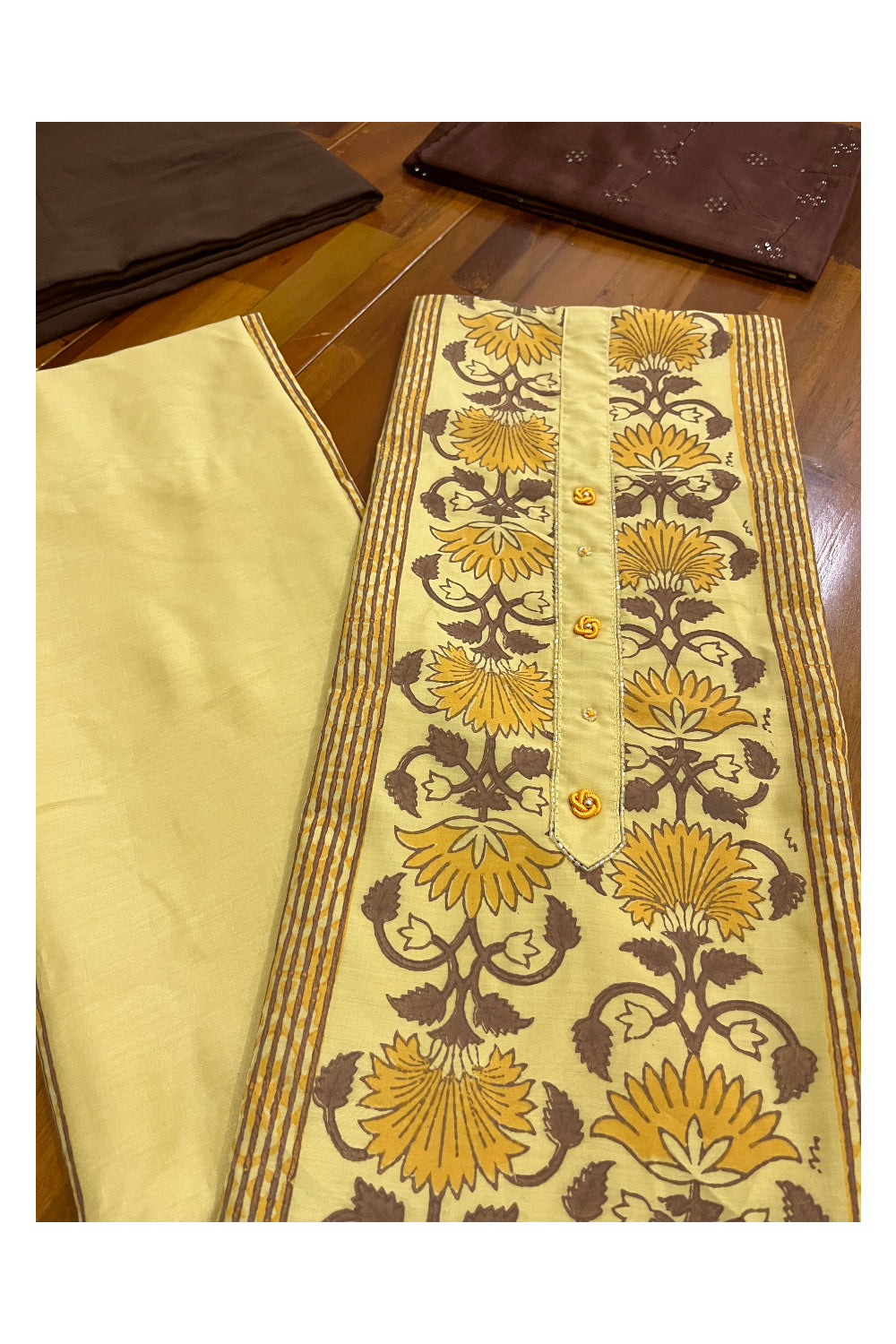 Southloom™ Cotton Churidar Salwar Suit Material in Yellow with Floral Prints