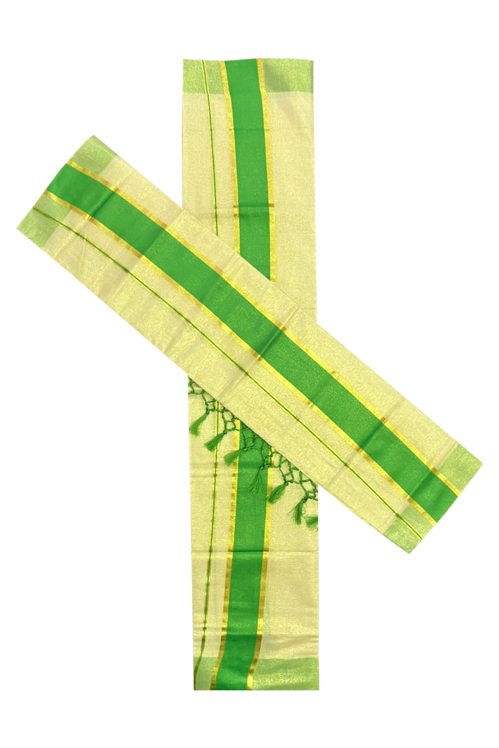 Kerala Tissue Kasavu Set Mundu (Mundum Neriyathum) with Light Green Kara and Tassels on Pallu 2.80 Mtrs