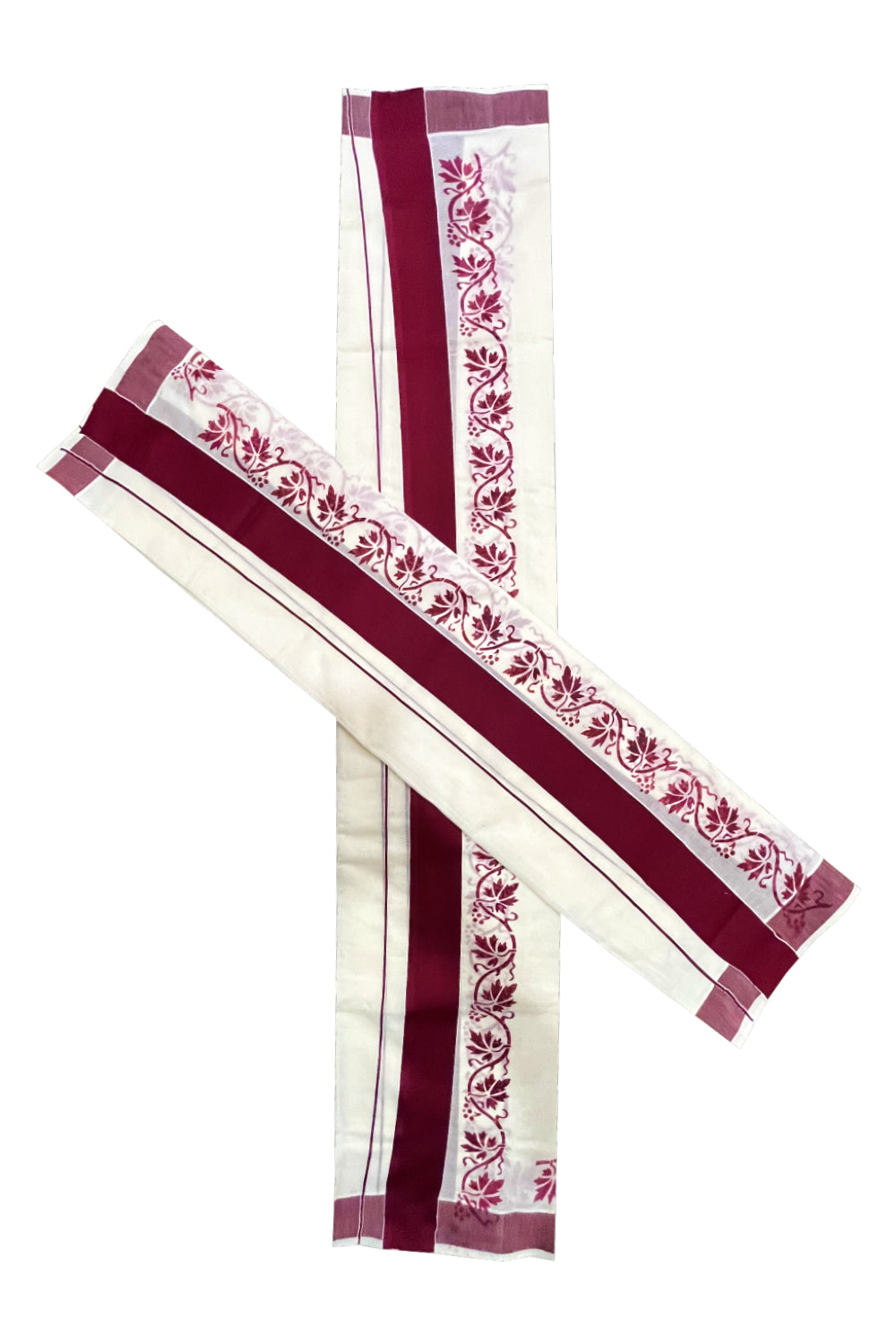 Kerala Pure Cotton Set Mundu Single (Mundum Neriyathum) with Maroon Floral Block Prints