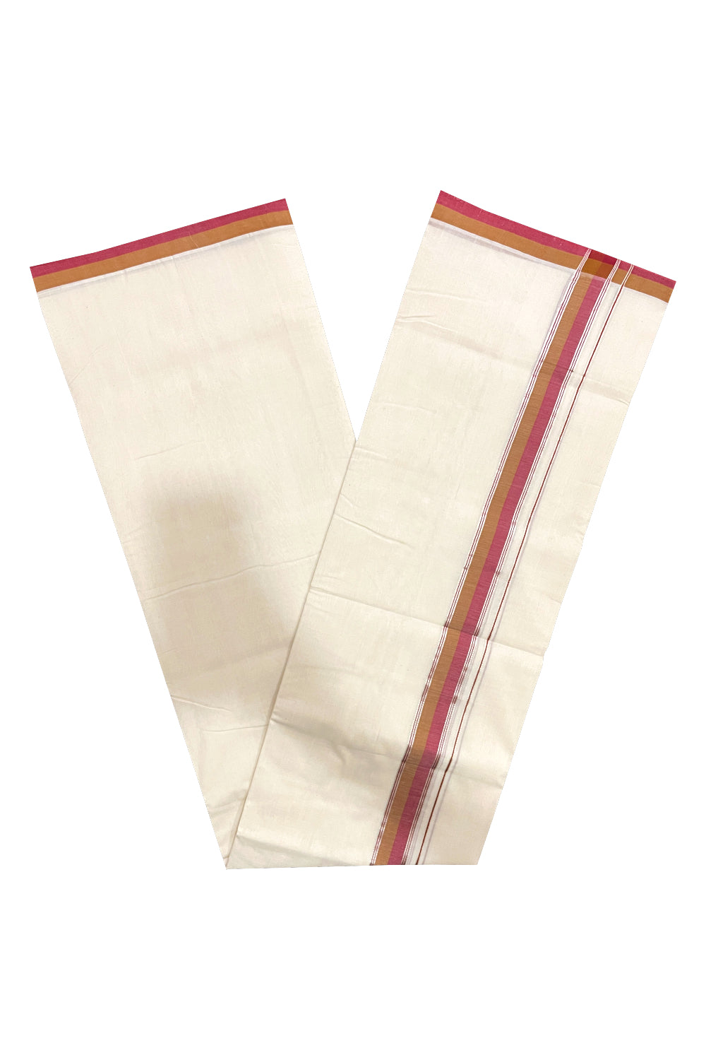 Southloom Premium Balaramapuram Unakkupaavu Handloom Mundu with Red Brown and Silver Kasavu Border (South Indian Kerala Dhoti)