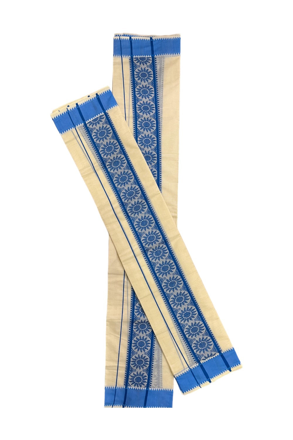 Kerala Cotton Single Set Mundu (Mundum Neriyathum) with Sky Blue Woven Designs on Border - 2.80Mtrs