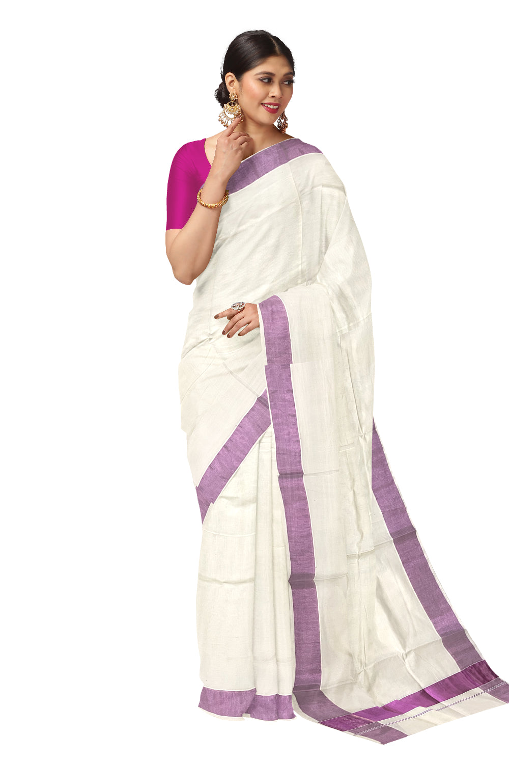 Pure Cotton Kerala Plain Saree with Pink Kasavu Border (Onam Collection 2024)