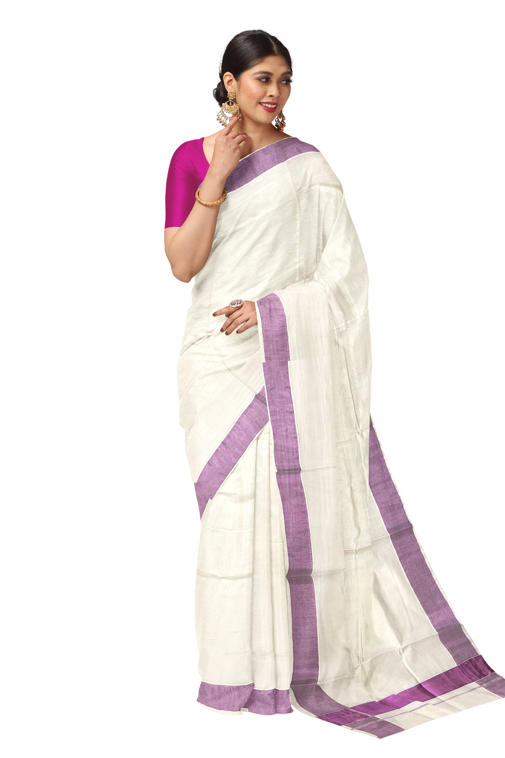 Pure Cotton Kerala Plain Saree with Pink Kasavu Border (Onam Collection 2024)