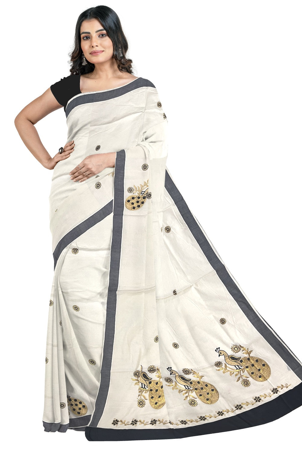 Pure Cotton Kerala Saree with Peacock Embroidery Work and Black Border (Onam Saree 2023)