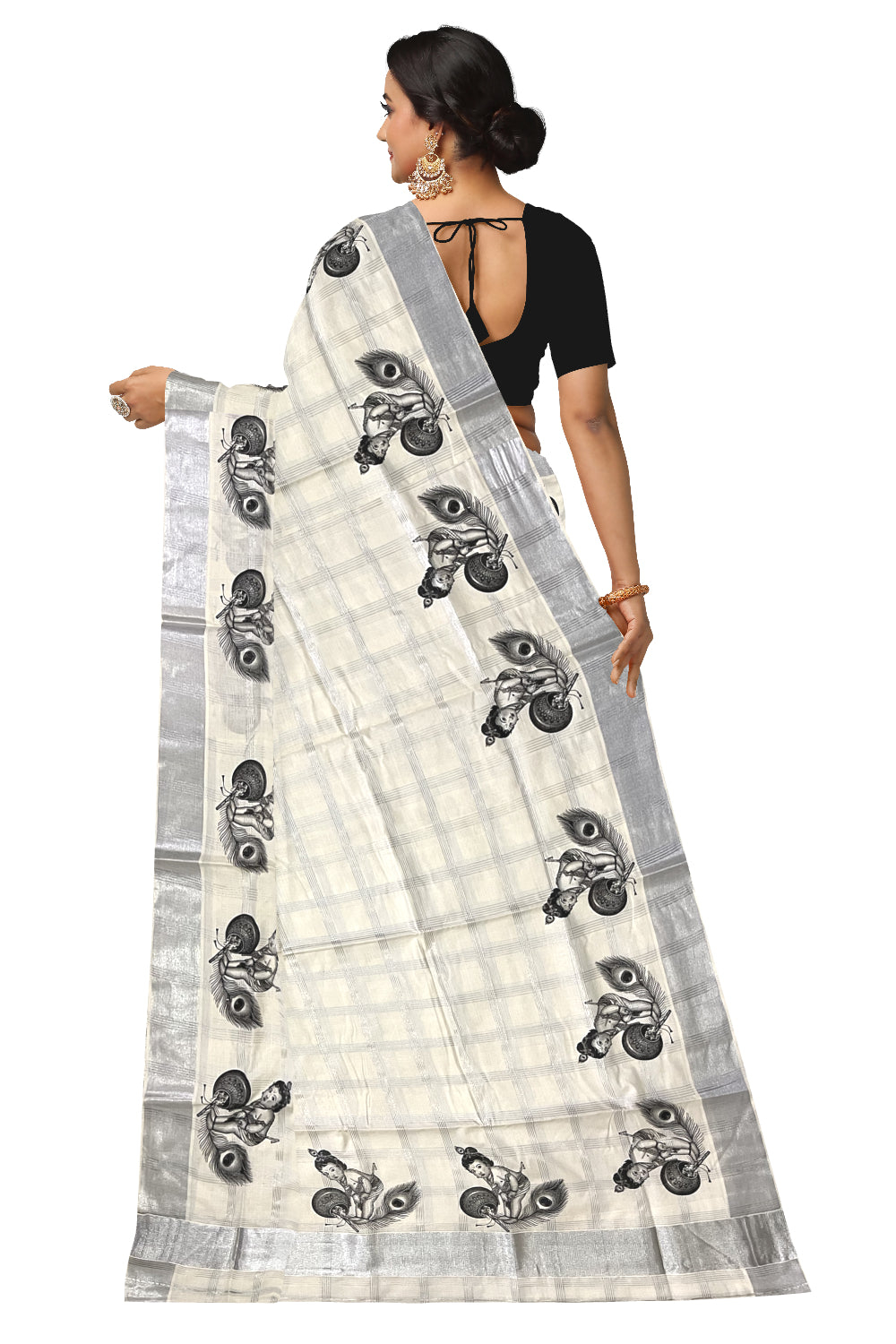 Pure Cotton Kerala Silver Kasavu Check Design Saree with Baby Krishna Mural Prints and Black Border (Onam Saree 2023)