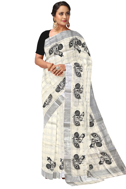 Pure Cotton Kerala Silver Kasavu Check Design Saree with Baby Krishna Mural Prints and Black Border (Onam Saree 2023)