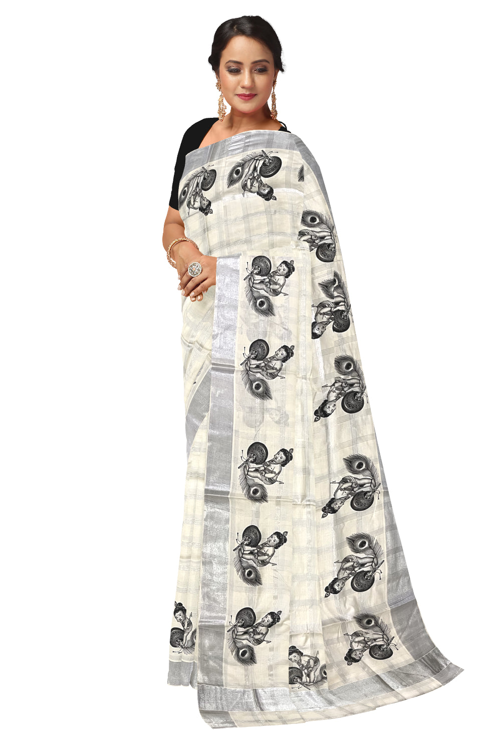 Pure Cotton Kerala Silver Kasavu Check Design Saree with Baby Krishna Mural Prints and Black Border (Onam Saree 2023)