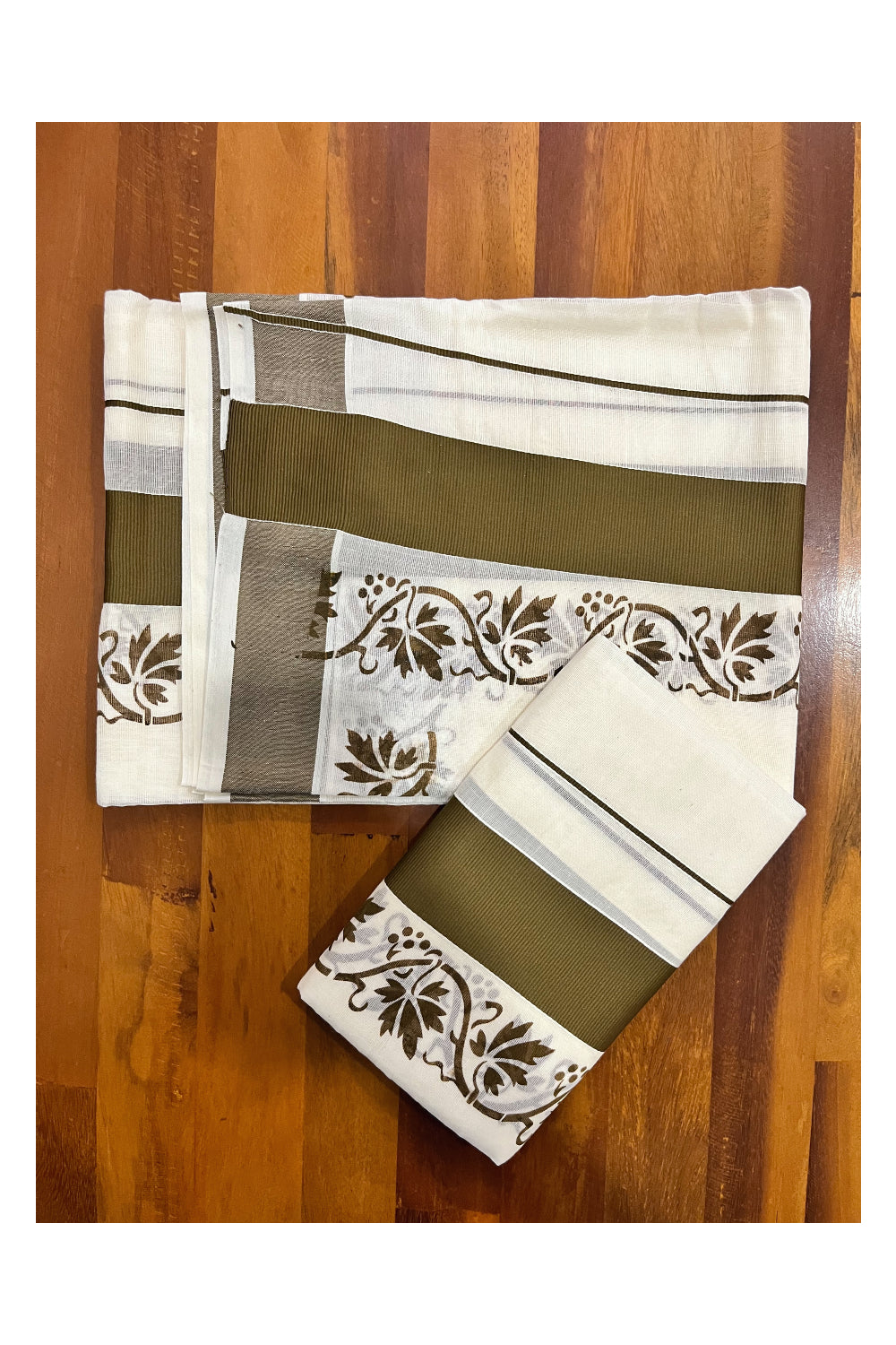 Kerala Pure Cotton Set Mundu Single (Mundum Neriyathum) with Olive Brown Floral Block Prints