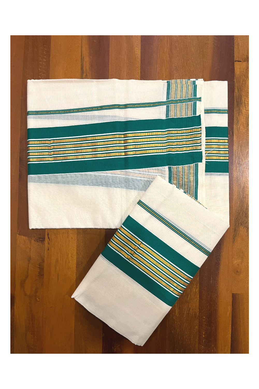 Pure Cotton Kerala Single Set Mundu (Mundum Neriyathum) with Green and Kasavu Border