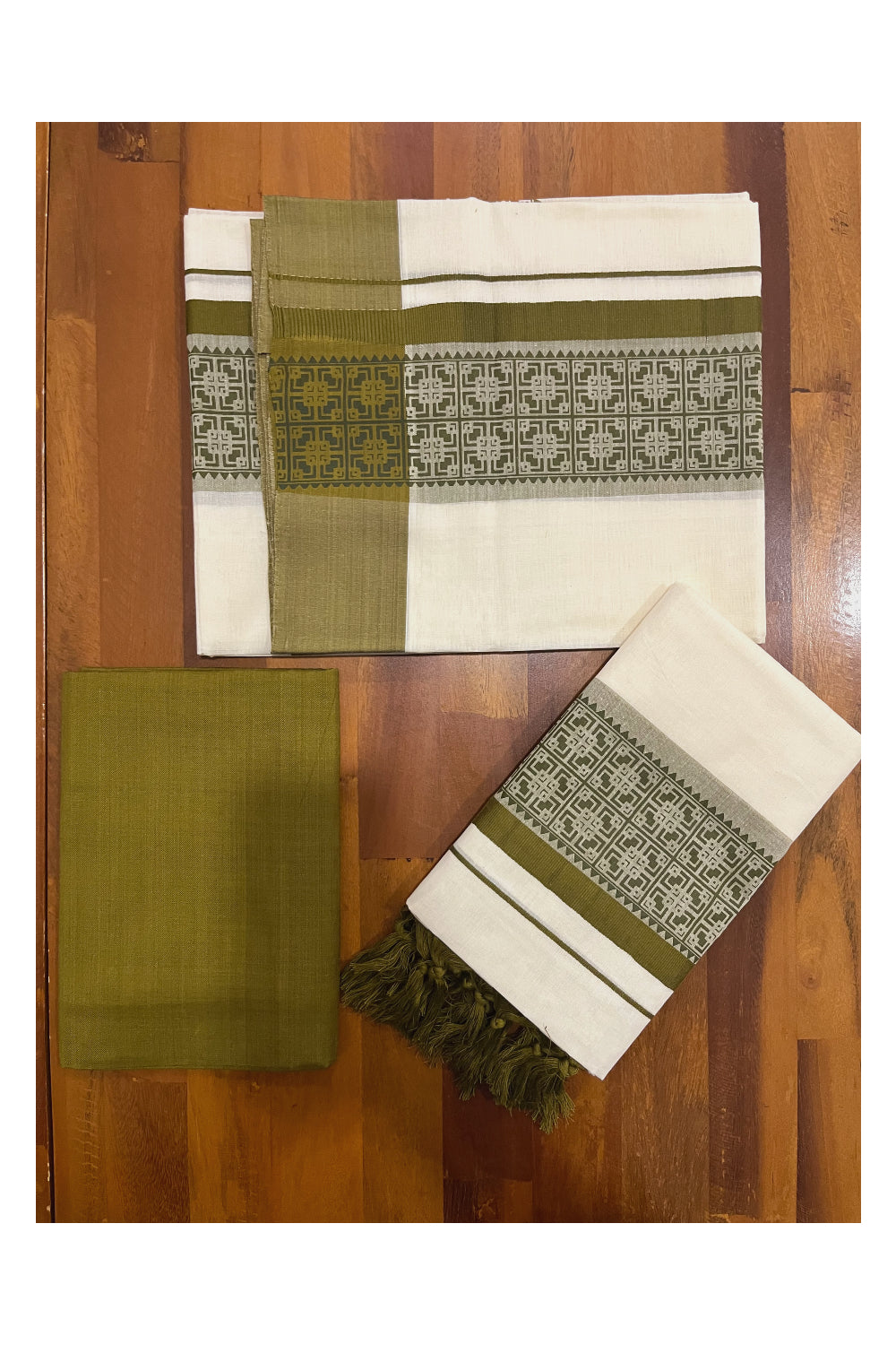 Pure Cotton Kerala Single Set Mundu (Mundum Neriyathum) with Block Printed Border and Olive Green Blouse Piece