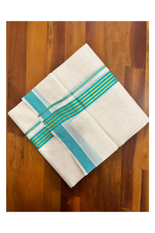 Off White Kerala Cotton Double Mundu with Kasavu and Turquoise Border (South Indian Kerala Dhoti)