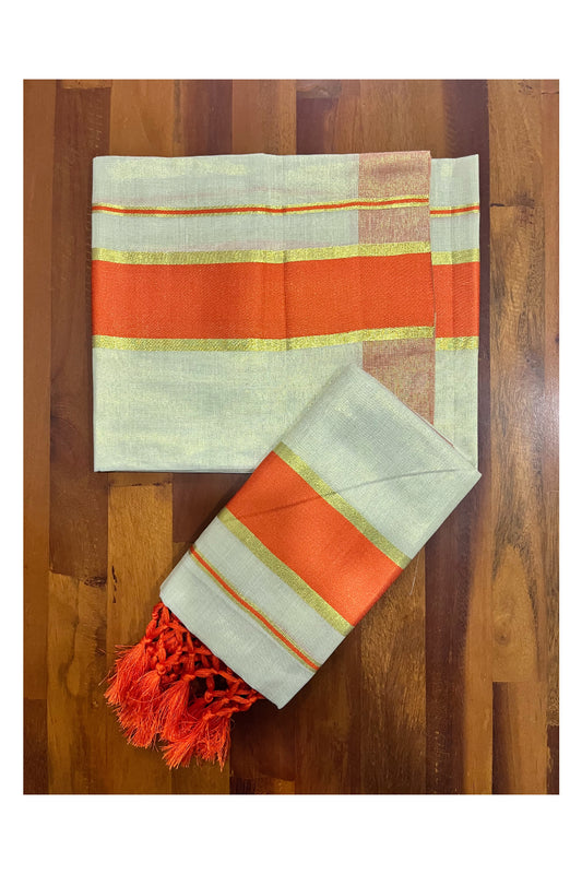 Kerala Tissue Kasavu Set Mundu (Mundum Neriyathum) with Orange Kara and Tassels on Pallu 2.50 Mtrs