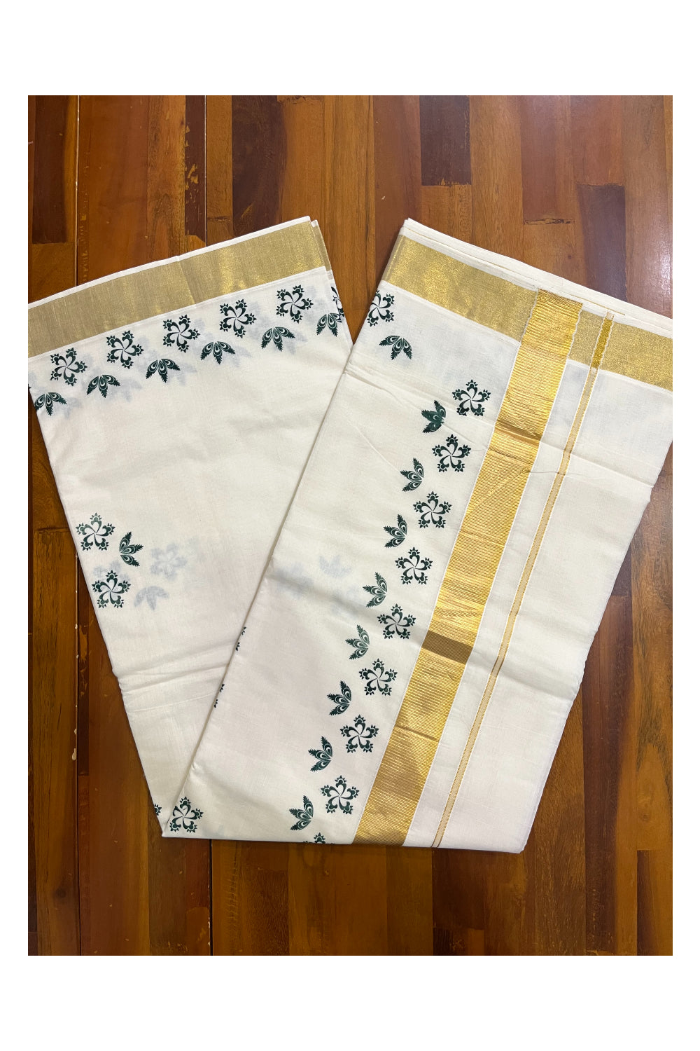 Pure Cotton Kerala Kasavu Saree with Green Block Prints and Kasavu Border