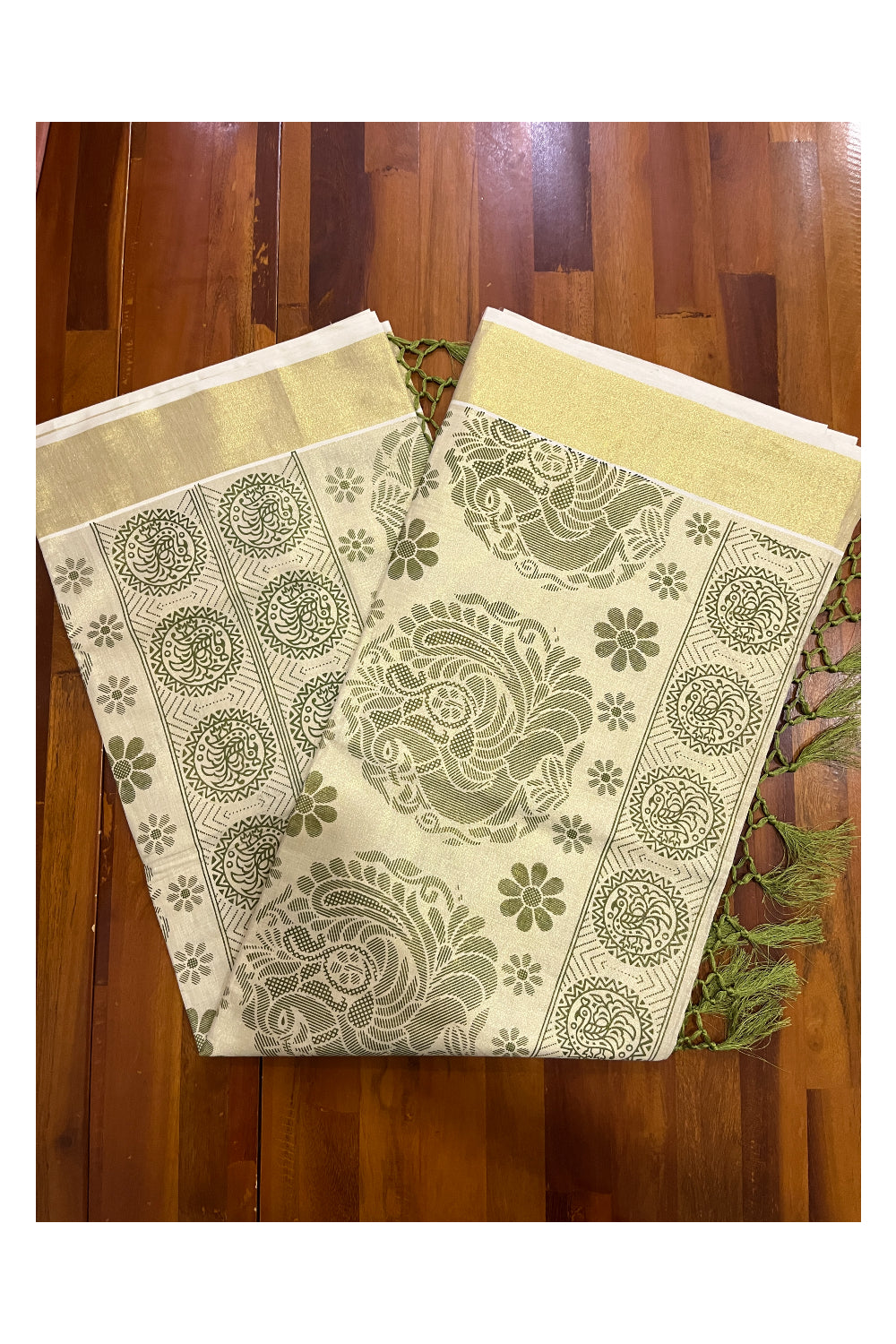 Kerala Tissue Kasavu Saree with Green Block Prints on Body