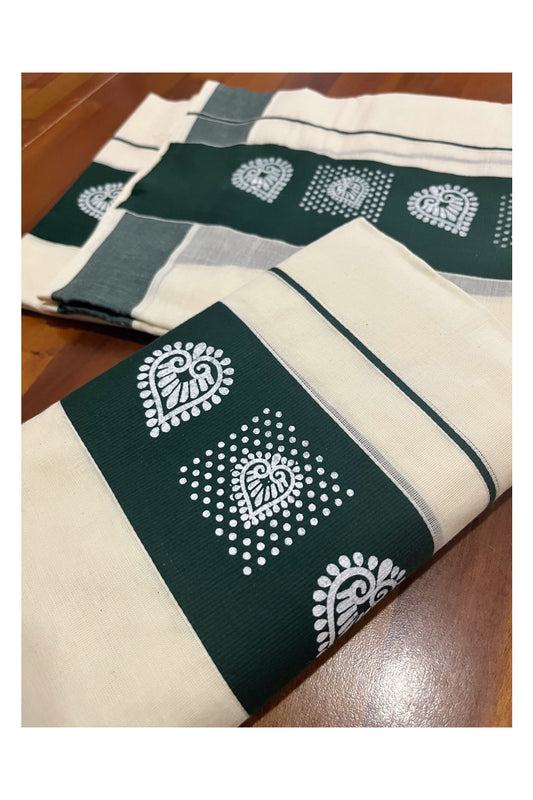 Kerala Cotton Single Set Mundu (Mundum Neriyathum) with Block Prints in Dark Green Border