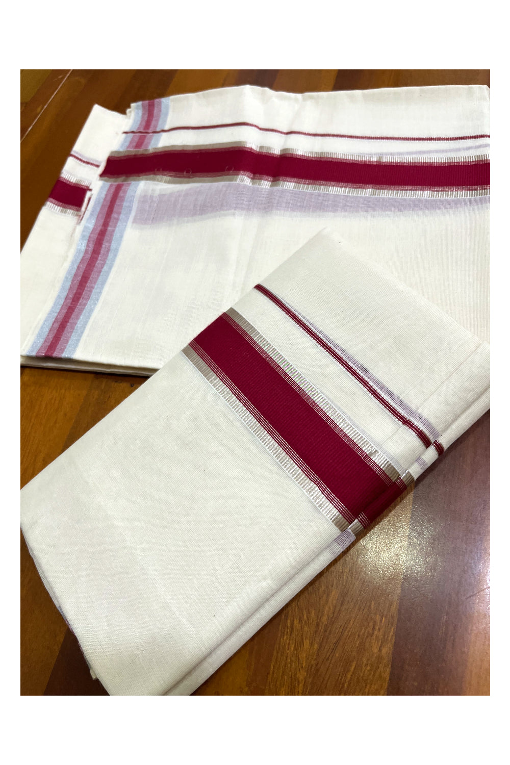 Kerala Cotton Set Mundu (Mundum Neriyathum) with Silver Kasavu and Maroon Border 2.80 Mtrs