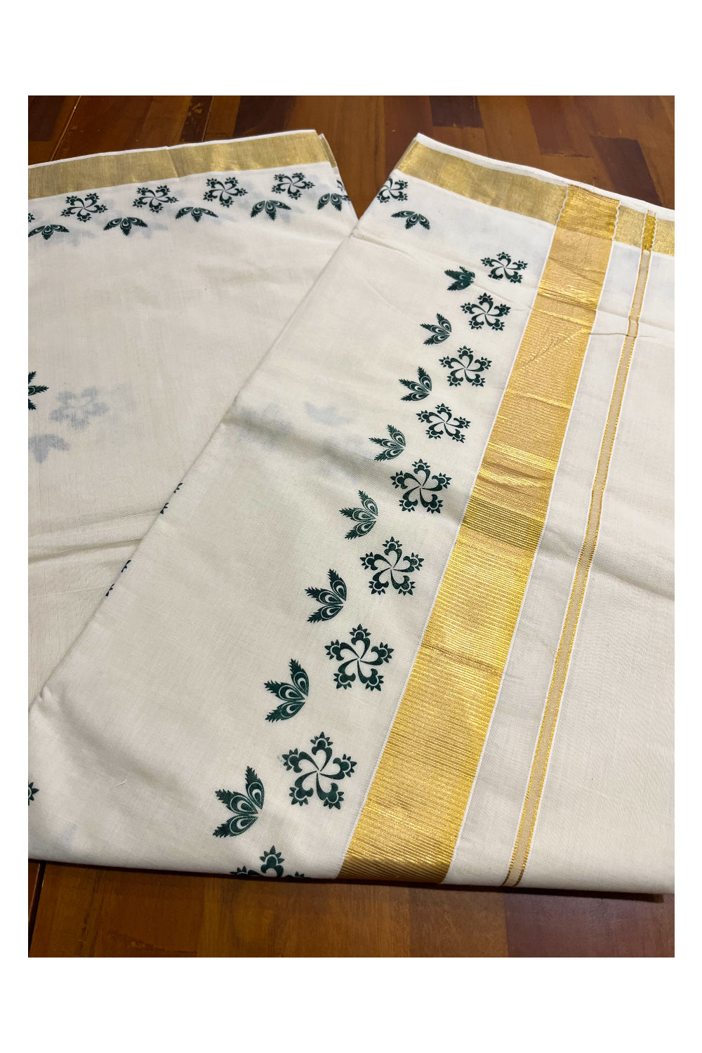 Pure Cotton Kerala Kasavu Saree with Green Block Prints and Kasavu Border