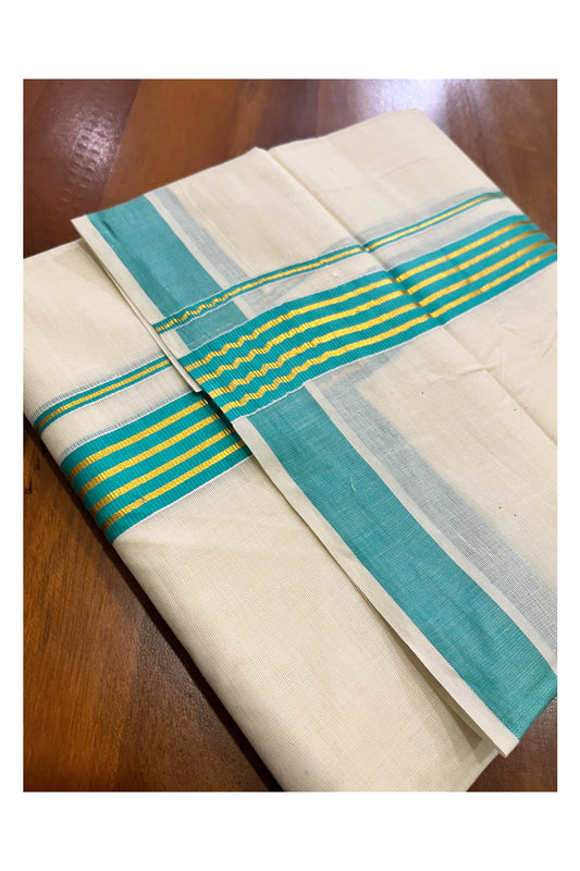 Off White Kerala Cotton Double Mundu with Kasavu and Turquoise Border (South Indian Kerala Dhoti)