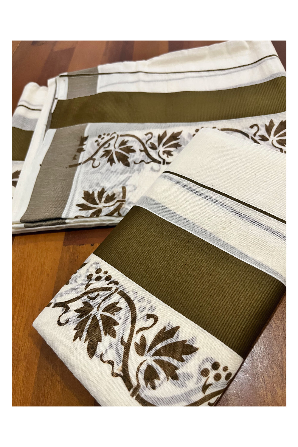 Kerala Pure Cotton Set Mundu Single (Mundum Neriyathum) with Olive Brown Floral Block Prints