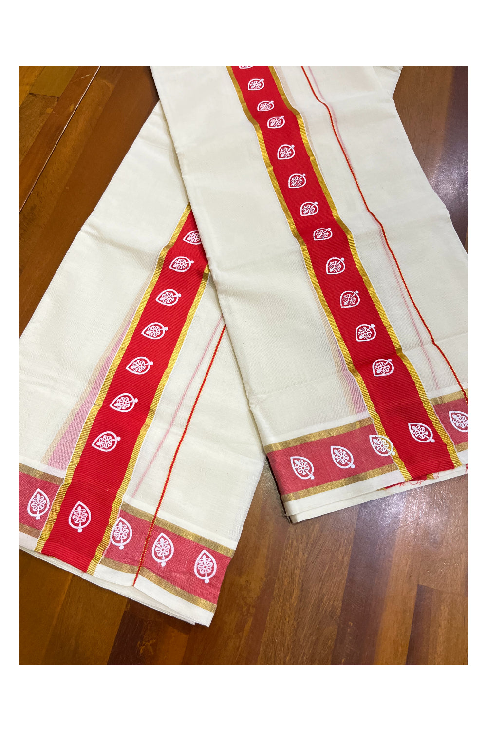 Kerala Cotton Single Set Mundu (Mundum Neriyathum) with Block Prints on Red and Kasavu Border - 2.60Mtrs