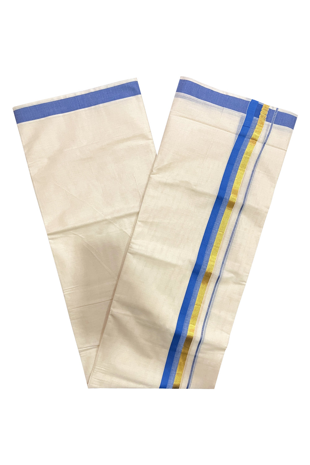 Pure Cotton Kerala Double Mundu with Blue and Kasavu Kara (South Indian Kerala Dhoti)