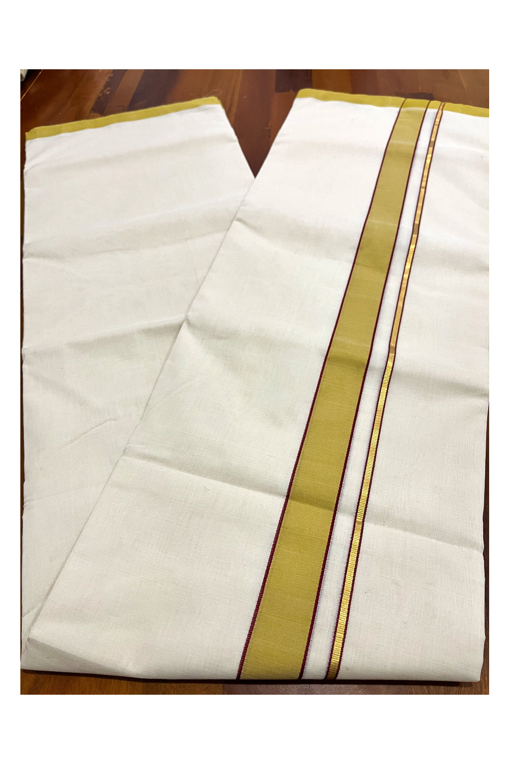 Southloom Premium Balaramapuram Unakkupaavu Handloom Mundu with Kasavu Mundu with and Yellow Maroon Border (South Indian Kerala Dhoti)