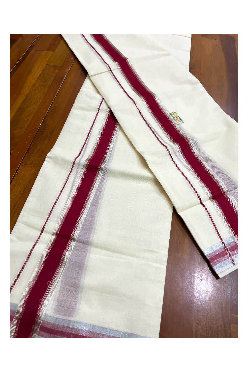 Kerala Cotton Set Mundu (Mundum Neriyathum) with Silver Kasavu and Maroon Border 2.80 Mtrs