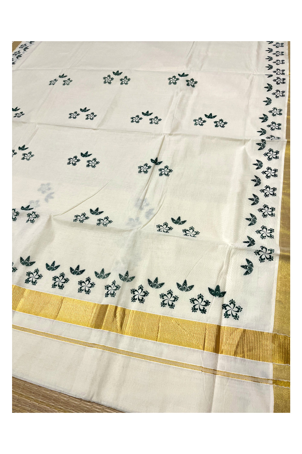 Pure Cotton Kerala Kasavu Saree with Green Block Prints and Kasavu Border