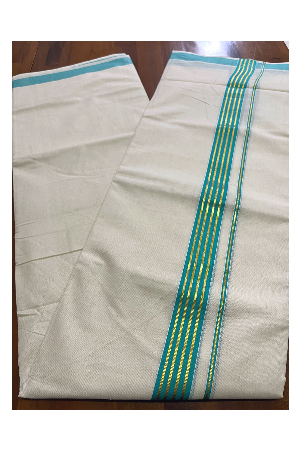 Off White Kerala Cotton Double Mundu with Kasavu and Turquoise Border (South Indian Kerala Dhoti)