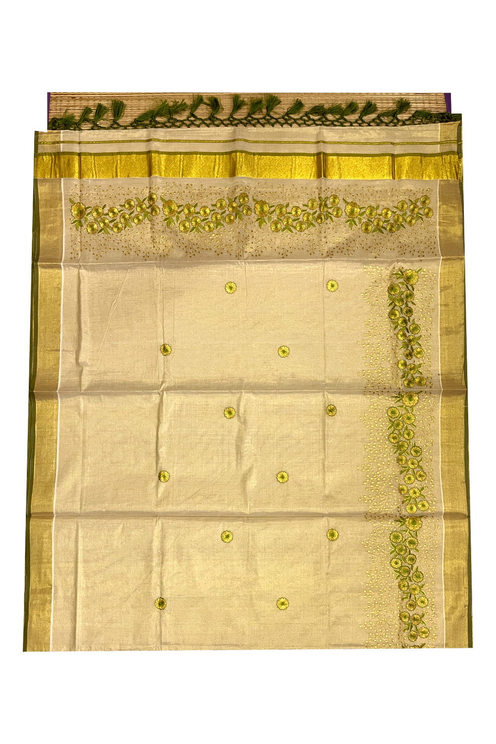 Kerala Tissue Kasavu Heavy Work Saree with Golden and Green Floral Embroidery Design