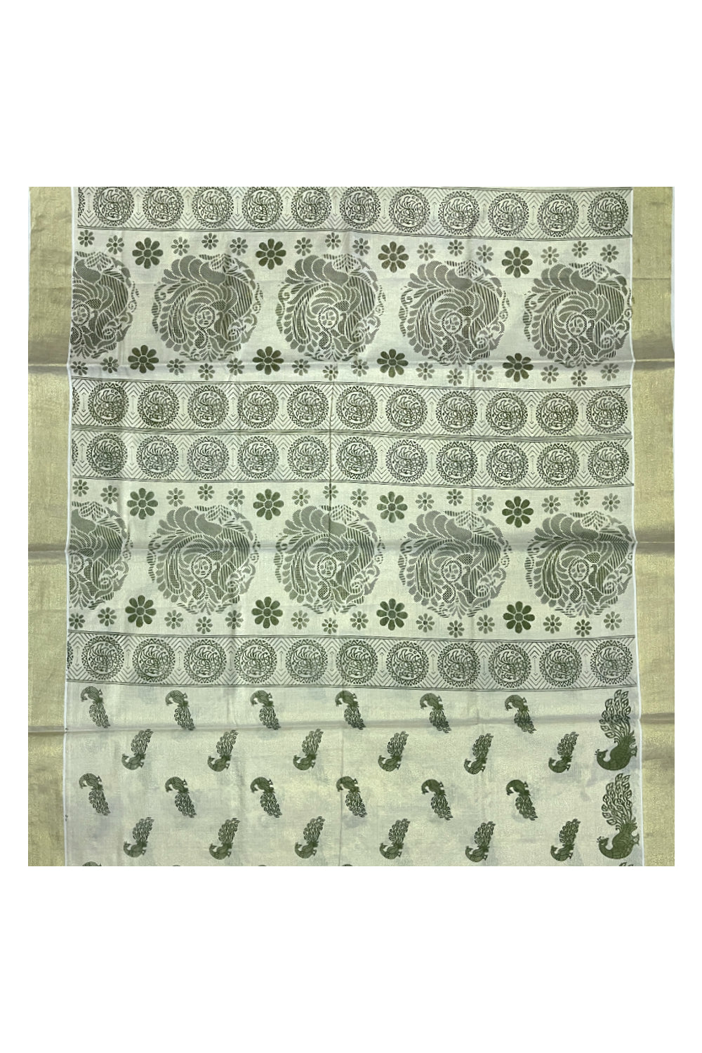 Kerala Tissue Kasavu Saree with Green Block Prints on Body