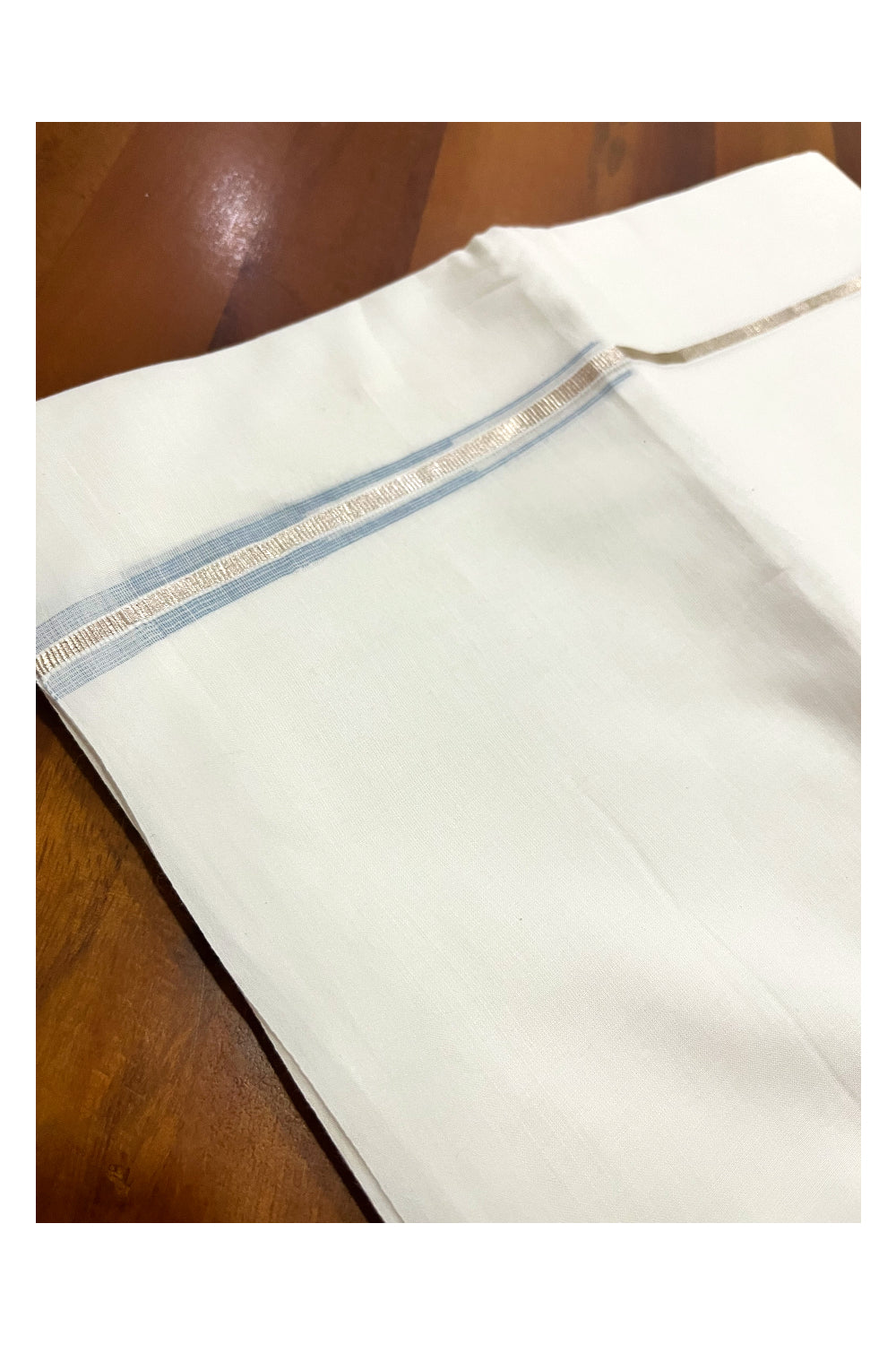 Pure White Cotton Double Mundu with Silver Blue Chutti Kara (South Indian Kerala Dhoti)