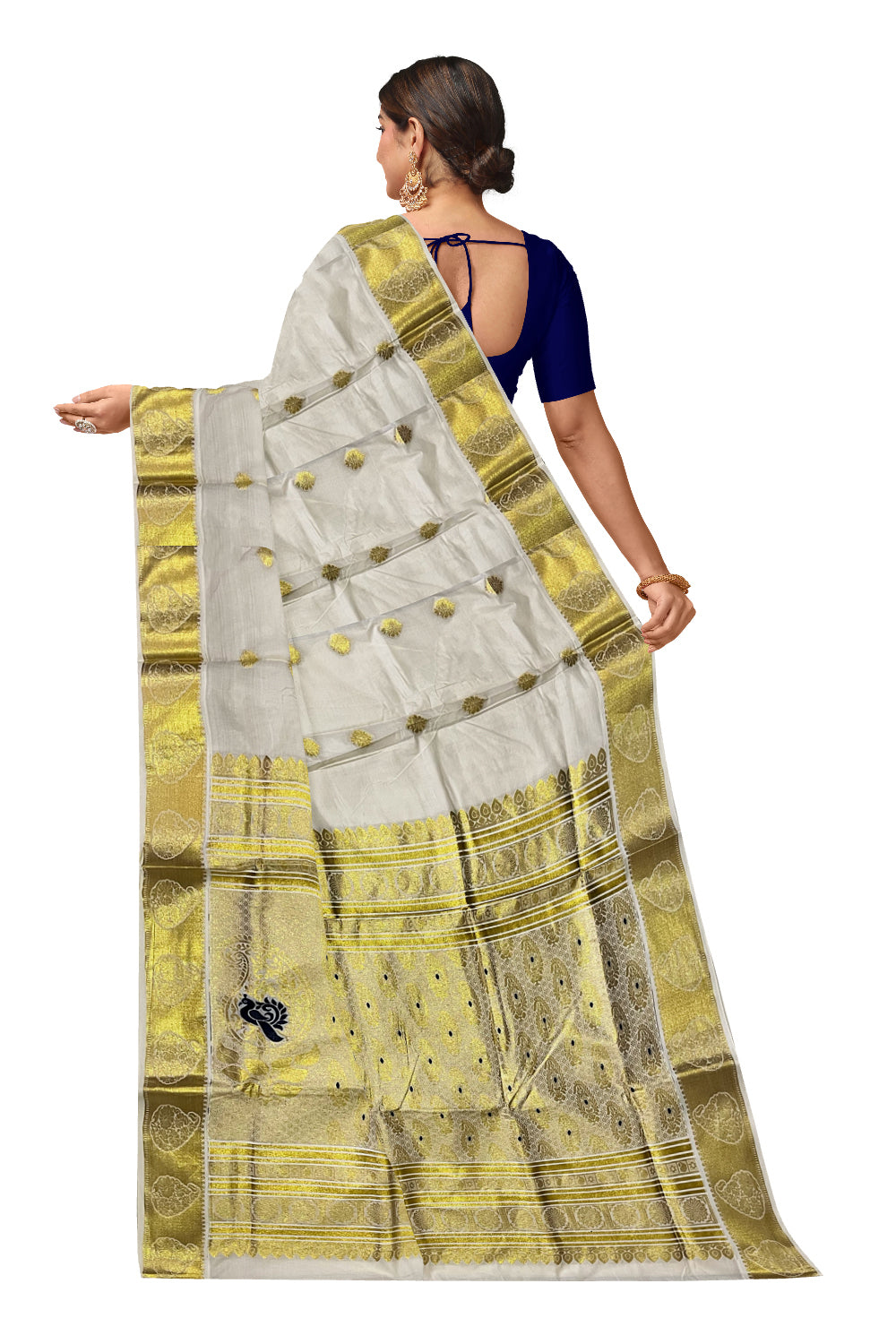 Kerala Pure Cotton Heavy Woven Work Kasavu Saree with Blue Peacock Works