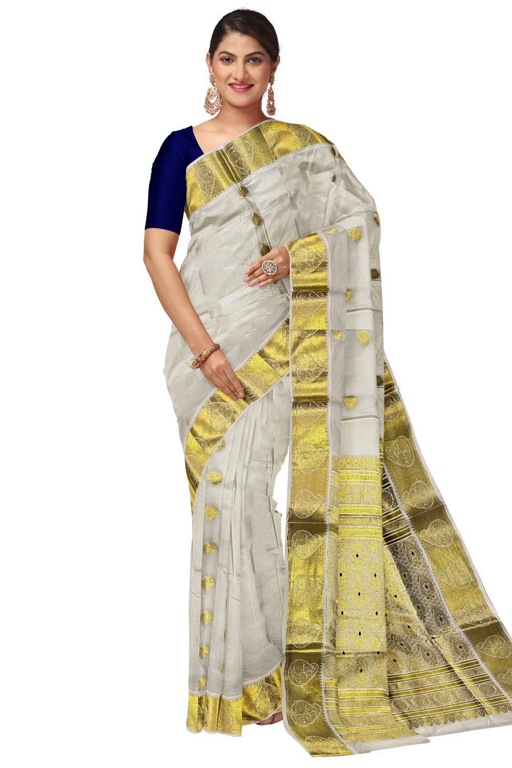 Kerala Pure Cotton Heavy Woven Work Kasavu Saree with Blue Peacock Works