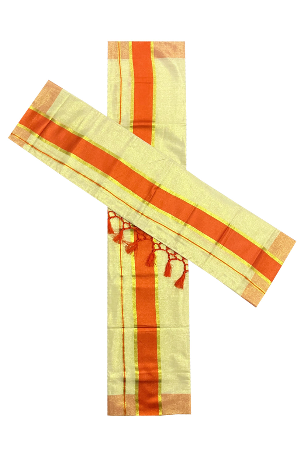 Kerala Tissue Kasavu Set Mundu (Mundum Neriyathum) with Orange Kara and Tassels on Pallu 2.50 Mtrs