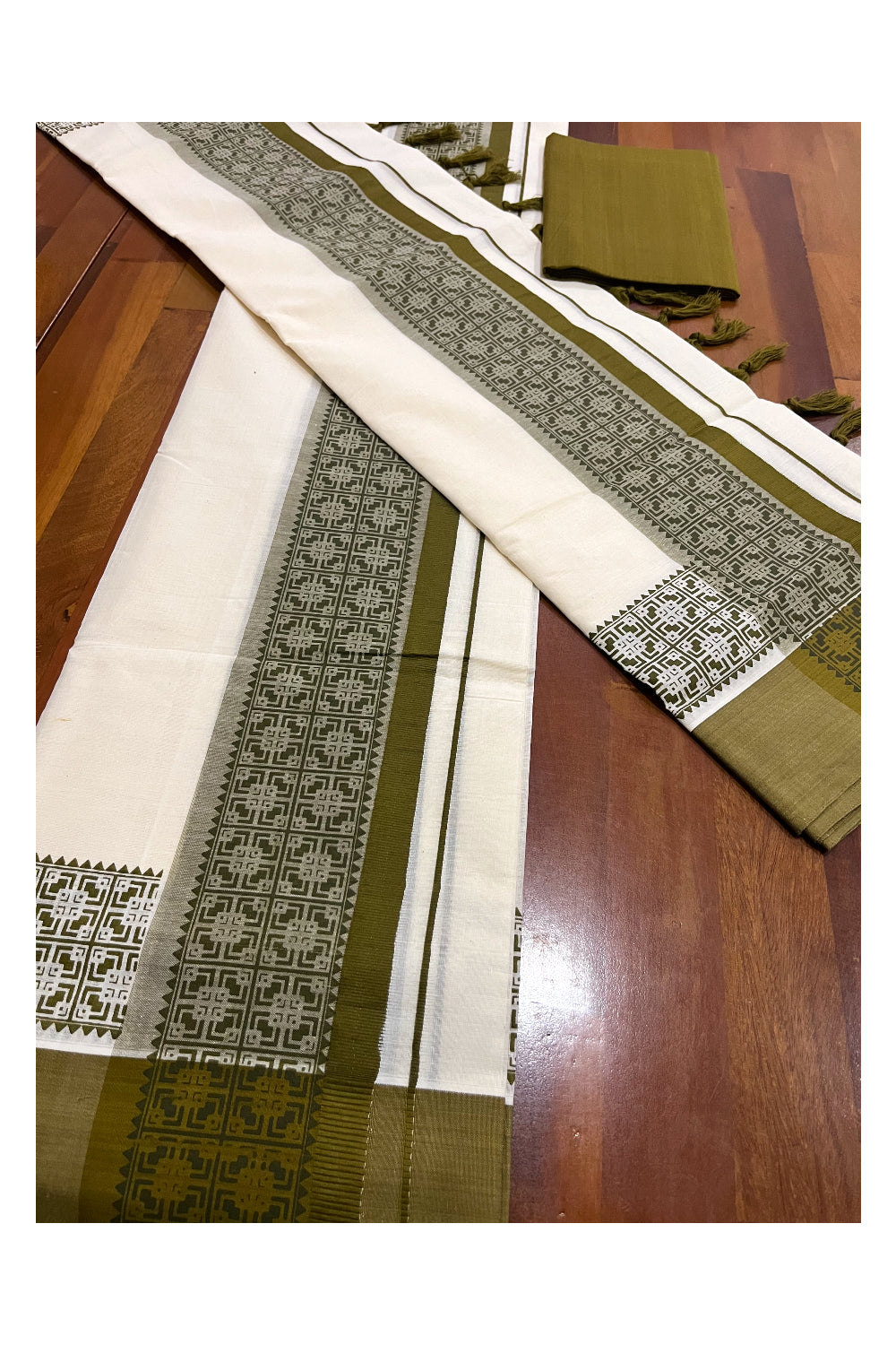 Pure Cotton Kerala Single Set Mundu (Mundum Neriyathum) with Block Printed Border and Olive Green Blouse Piece