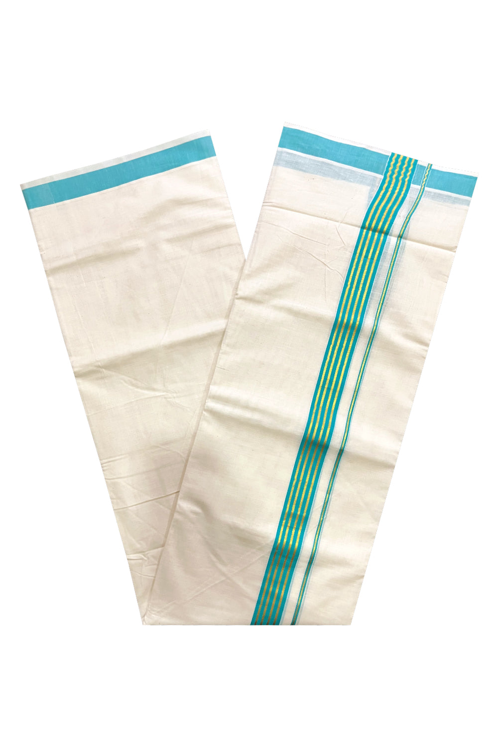 Off White Kerala Cotton Double Mundu with Kasavu and Turquoise Border (South Indian Kerala Dhoti)